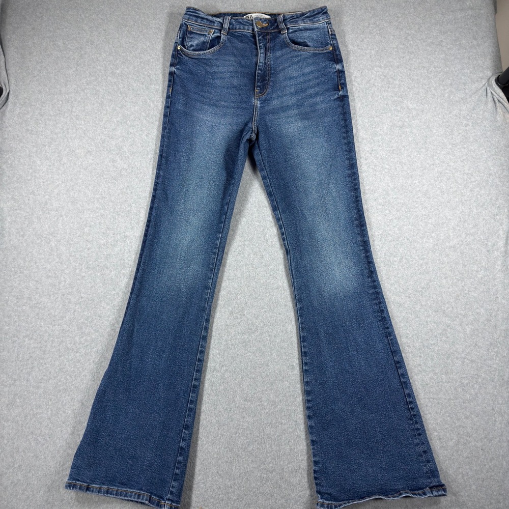 Zara Womens High Rise Flare Leg Jeans Blue Dark Wash Denim Size 8
